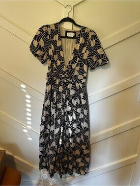 Anthropologie Black & Cream Geometric V-Neck Midi Dress with Puff Sleeves